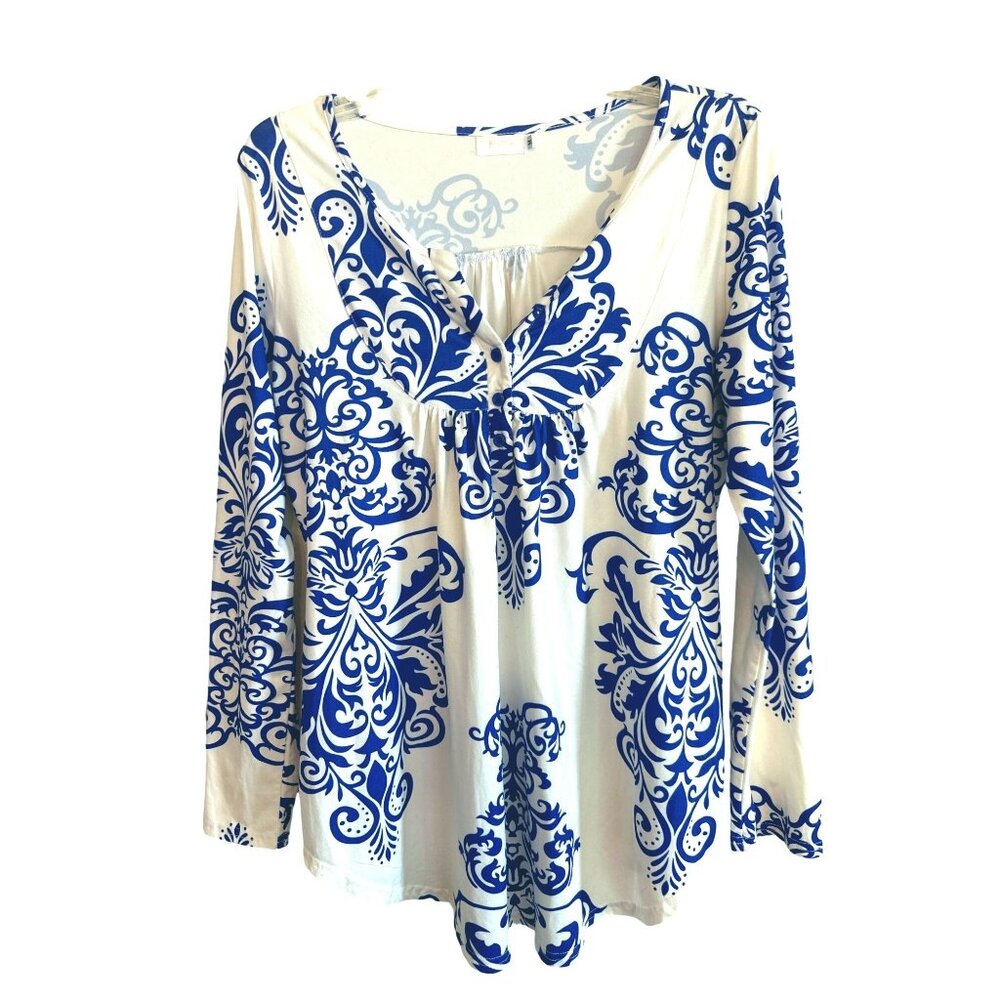 Halife Womens Long Sleeve Blue and White Abstract Patterned Tunic Top M - Picture 1 of 6